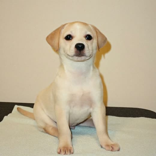 A small puppy sitting calmly on a grooming towel